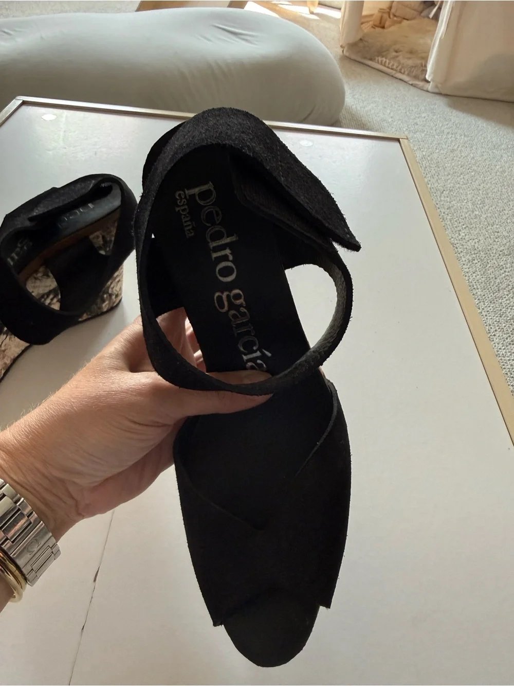 Pedro Garcia Black Suede Wedge Sandals with Patterned Cork Platform